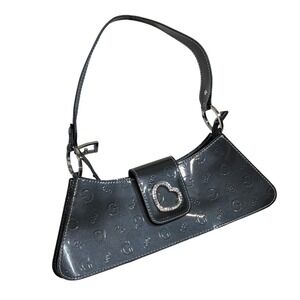 Vintage Y2K Guess Shoulder Purse Gray Rhinestone Baguette Embossed Patent Bag